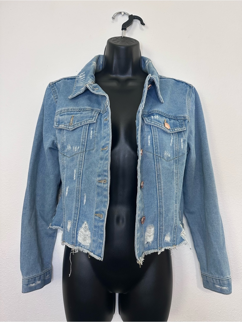 Distressed Light Blue Cropped Denim Jacket - Women's Jean Jacket
